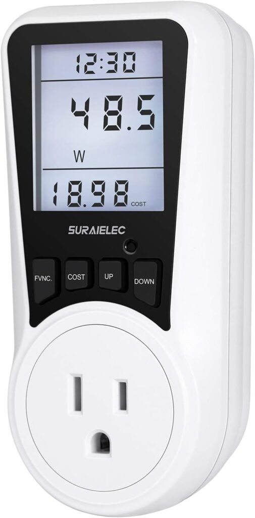 SURAIELEC Watt Meter, Plug-in Socket Power Meter, Auto Cost Calculator, Backlit Large Display, Overload Protection, Kilowatt Wattage Voltage AMP Tester, Electricity Usage Electrical Energy Monitor