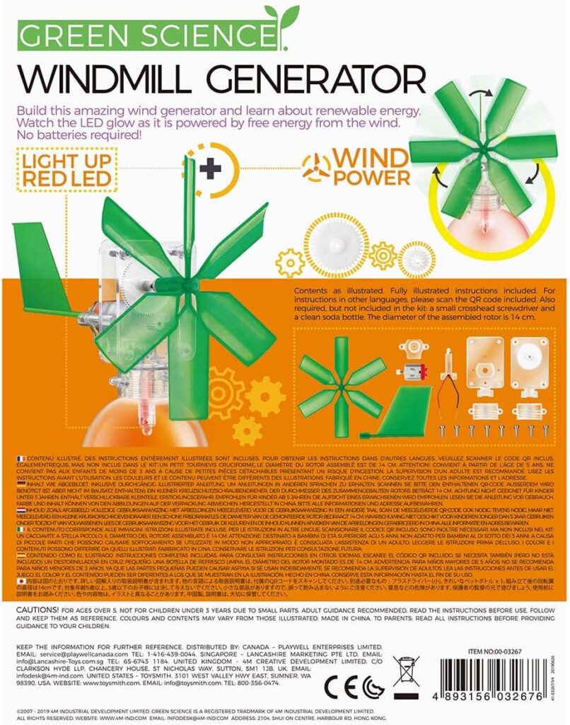 4M Toysmith, Green Science Windmill Generator Kit, DIY Science Kit With LED Lights, For Boys Girls Ages 8+ (Packaging May Vary)