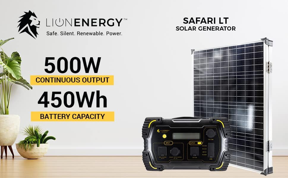 LION ENERGY Portable Power Station Safari LT 500W Solar Generator 450Wh Battery Pack with 2 110V AC Outlets, Widely Use for Camping Outdoor RV Power Outage Home Off-grid