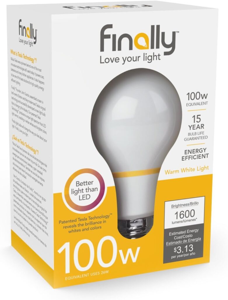 New Finally® Light Bulb, 100 watt Equivalent A21, Single Light Bulb, Long Lasting, Warm White, Non-LED, Energy Efficient, with Tesla Technology