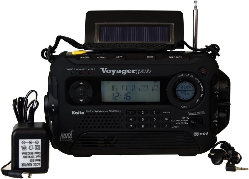 Kaito Voyager Pro KA600 Digital Solar Dynamo Hand Crank AM/FM/LW/SW NOAA Weather Emergency Radio with Flashlight, Reading Lamp,Smart Phone Charger RDS and Real-Time Alert, with AC Adapter, Black