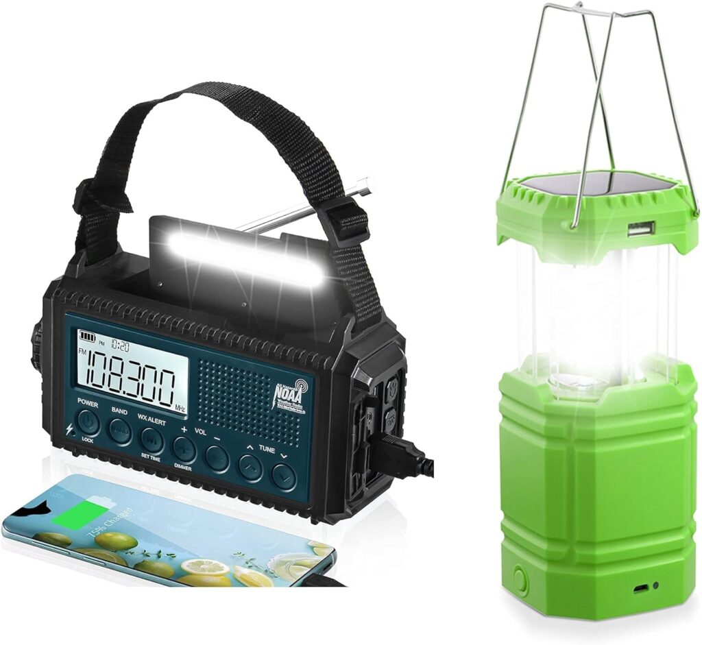 Mesqool NOAA Weather Alert Radio Camping Lantern, AM/FM/Shortwave Radio, Solar/Hand Crank/Battery Powered, FlashlightReading Lamp, USB Charger, Power Bank