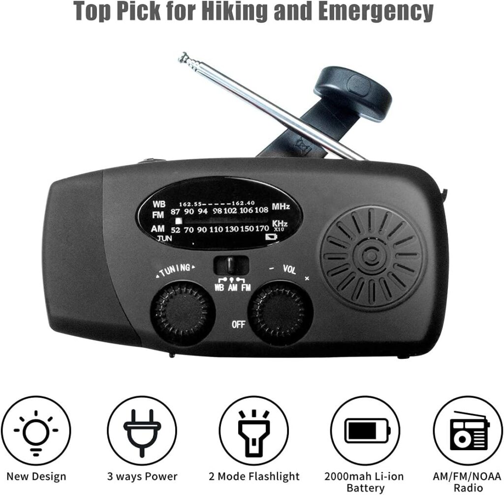 Upgraded Emergency Solar Hand Crank Radio with LED Flashlight, Portable Am Fm NOAA Weather Radio, 2000mAh Solar Power Bank Cell Phone Charger for Home and Outdoor (Black)